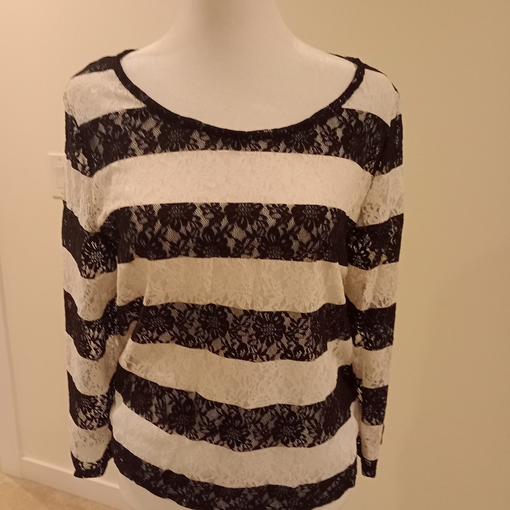 INC International Concepts Black and Cream Lace Striped Blouse